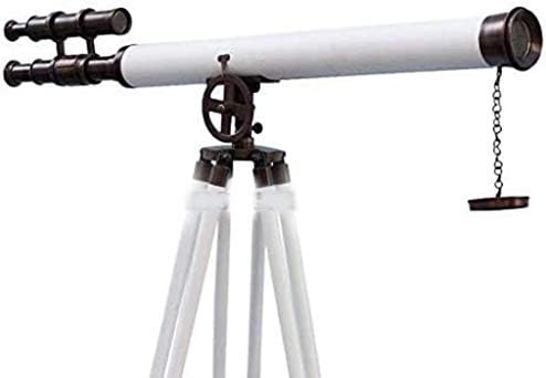 Floor Standing Bronzed Telescope With White Leather