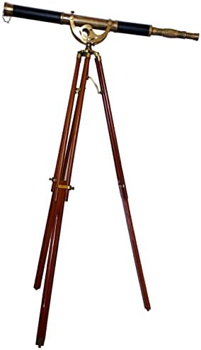 Nautical Brass Telescope with Adjustable Tripod and Black Leather Cover