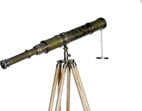 Antique Nautical Floor Standing Telescope with Brass Tube and Wooden Stand