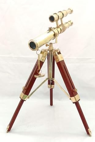Antique Brass Double Barrel Telescope with Wooden Tripod