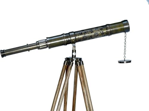 Antique Nautical Floor Standing Telescope with Brass Tube and Wooden Stand