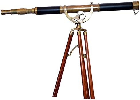 Nautical Brass Telescope with Adjustable Tripod and Black Leather Cover
