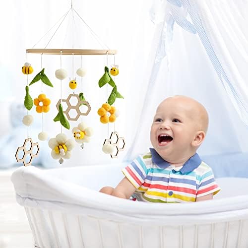 Baby Crib Mobile Wooden Wind Chime Bed Bell with Flowers and Bees Pink