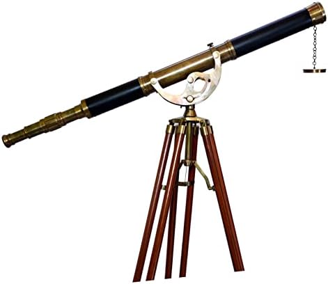 Nautical Brass Telescope with Adjustable Tripod and Black Leather Cover