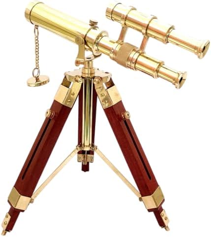 Antique Brass Double Barrel Telescope with Wooden Tripod