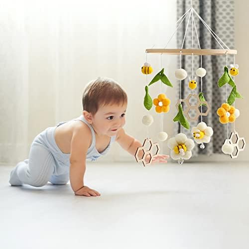 Baby Crib Mobile Wooden Wind Chime Bed Bell with Flowers and Bees Pink