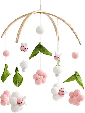 Baby Crib Mobile Wooden Wind Chime Bed Bell with Flowers and Bees Pink