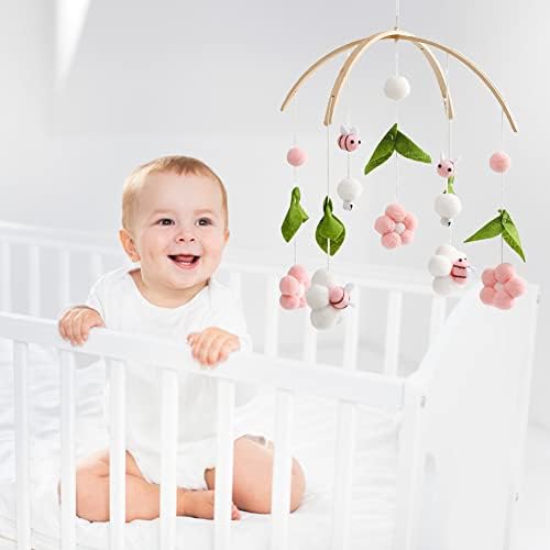 Baby Crib Mobile Wooden Wind Chime Bed Bell with Flowers and Bees Pink