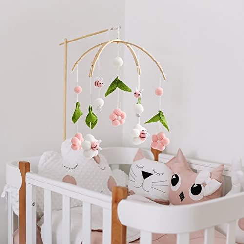 Baby Crib Mobile Wooden Wind Chime Bed Bell with Flowers and Bees Pink
