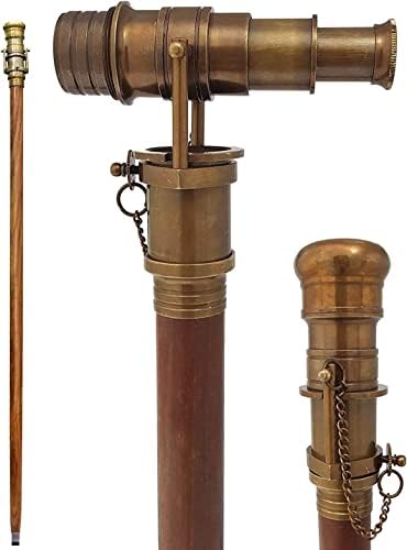 Beautiful Nautical Antique Wooden Walking Stick Telescope Collectible Cane with Brass Handle