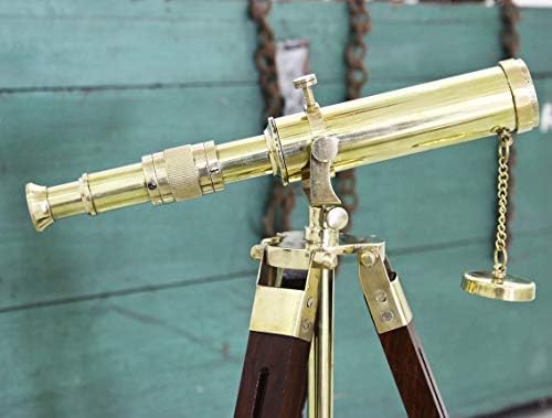 Shiny Brass Telescope Wooden Stand Desktop Decor