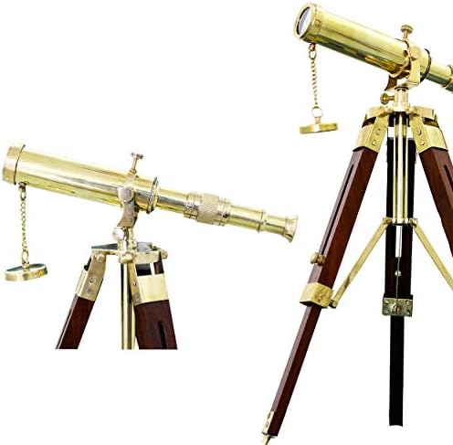 Shiny Brass Telescope Wooden Stand Desktop Decor