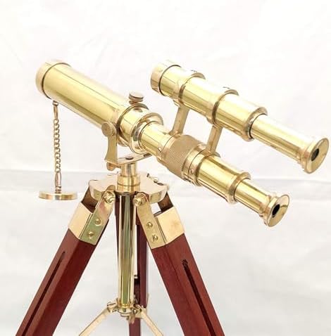 Antique Brass Double Barrel Telescope with Wooden Tripod