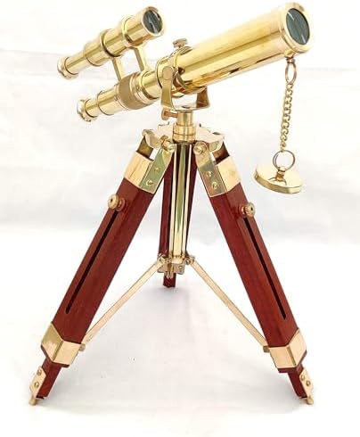 Antique Brass Double Barrel Telescope with Wooden Tripod