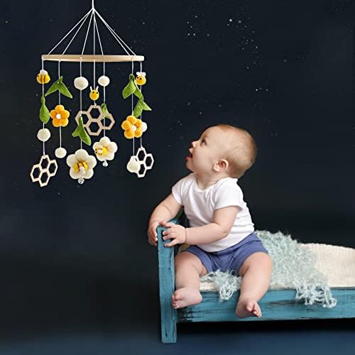 Baby Crib Mobile Wooden Wind Chime Bed Bell with Flowers and Bees Pink