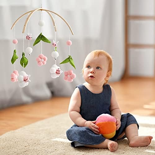 Baby Crib Mobile Wooden Wind Chime Bed Bell with Flowers and Bees Pink