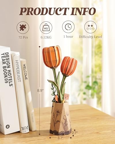 Rowood Wooden Flower DIY Craft Kit for Adults Orange Tulip