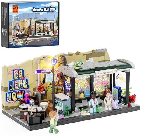 FUNWHOLE Graffiti Bus Stop Building Brick Set 514 Pcs