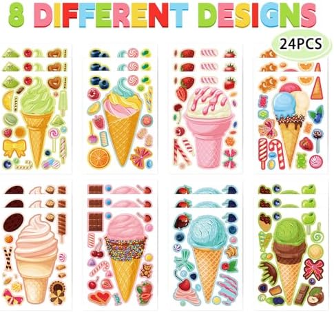 24 Sheets Ice Cream Face Sticker Sheets for Kids