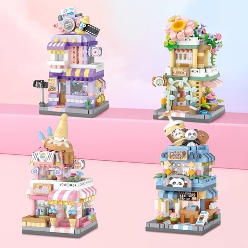 4 Mini City Shop Building Blocks Model Set for Kids