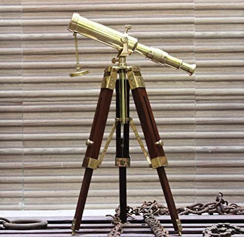 Shiny Brass Telescope Wooden Stand Desktop Decor