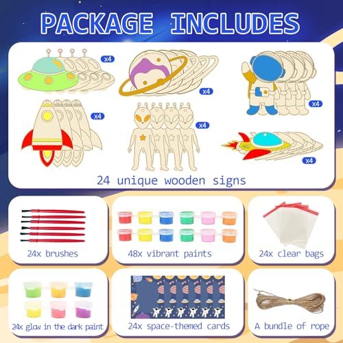 Space Themed Party Favors 24pcs Wooden Painting Crafts for Kids