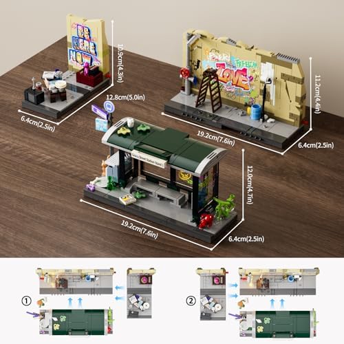 FUNWHOLE Graffiti Bus Stop Building Brick Set 514 Pcs