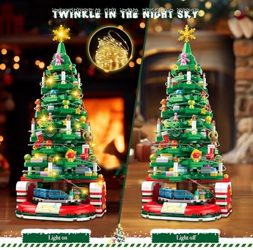 Christmas Tree Building Set for Kids with Light 888Pcs Deep Green