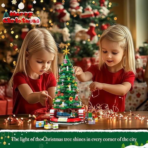 Christmas Tree Building Set for Kids with Light 888Pcs Deep Green