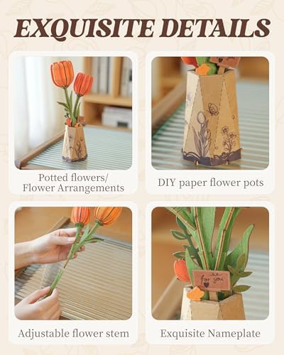 Rowood Wooden Flower DIY Craft Kit for Adults Orange Tulip
