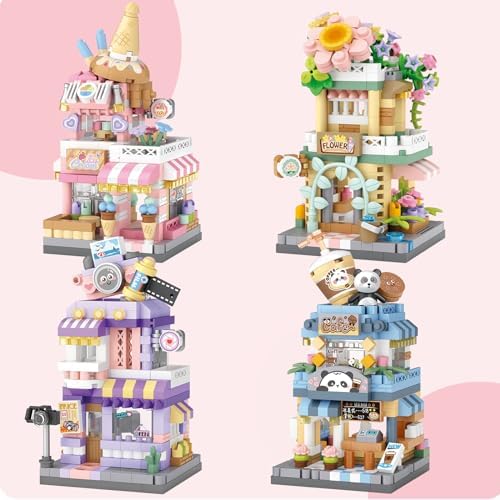 4 Mini City Shop Building Blocks Model Set for Kids