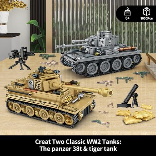 1030 Piece WW2 Army Tank Building Set for Kids and Adults