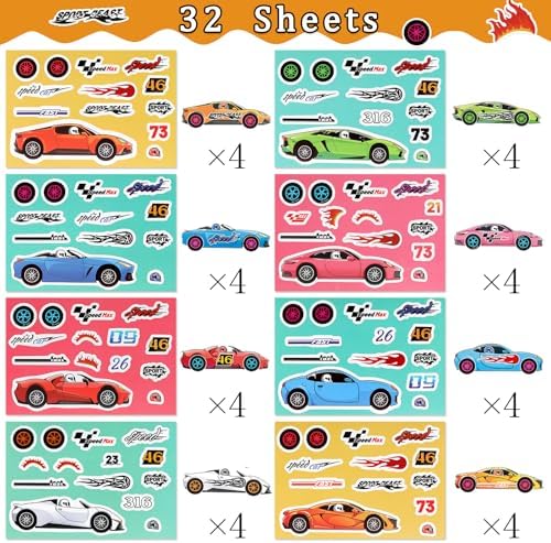 32 Sheet Race Car Stickers for Kids DIY Art Craft