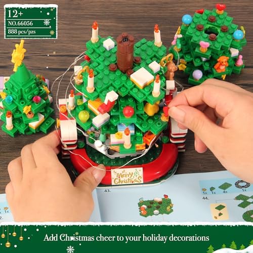 Christmas Tree Building Set for Kids with Light 888Pcs Deep Green