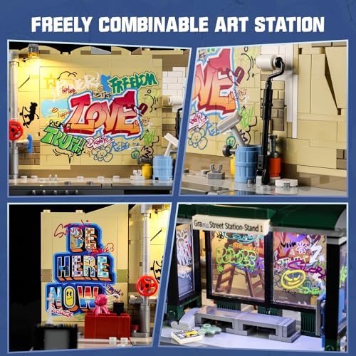 FUNWHOLE Graffiti Bus Stop Building Brick Set 514 Pcs