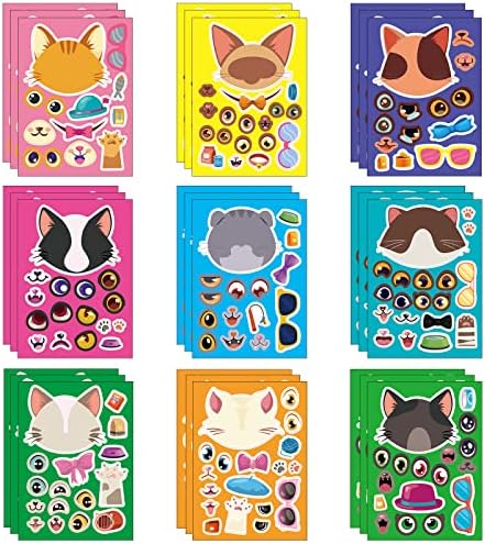 27 Sheets Cat Face Sticker Sheets for Kids Craft Party Supplies