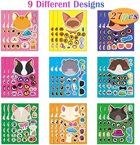 27 Sheets Cat Face Sticker Sheets for Kids Craft Party Supplies