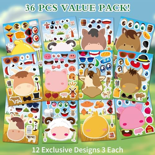 Ozepao 36 Pcs Farm Animals Make-A-Face Sticker Sheets