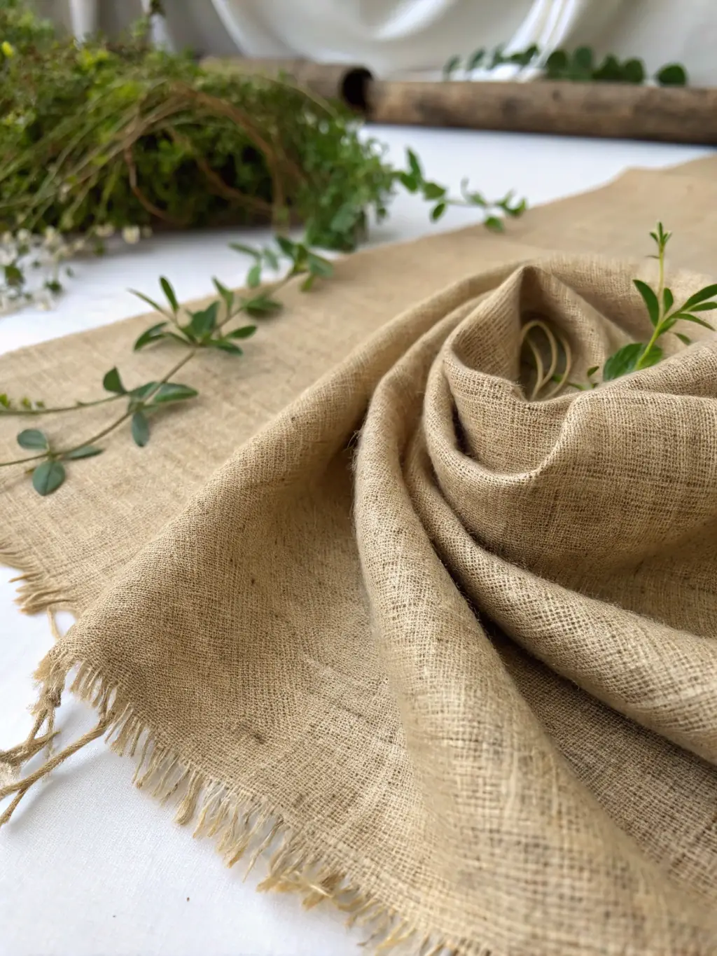 Close-up of handwoven jute fibers in a PRAELIS LTD curtain, showcasing the intricate texture and natural variations in color, emphasizing the artisanal quality and sustainable material.