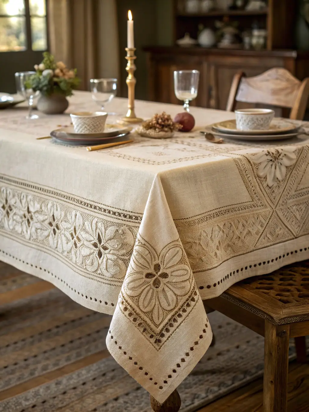Detailed shot of a PRAELIS LTD linen table runner, highlighting the delicate hem and subtle stitching details, emphasizing the craftsmanship and natural linen quality.